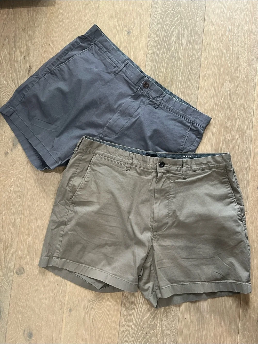 Summer Shorts Duo // 5” inseam, 35 waist // Medium Grey + Olive Green
